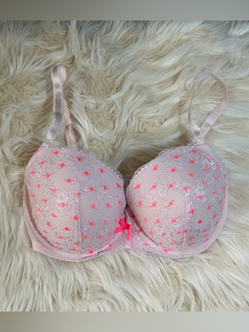 Victoria's Secret Pink Lace Bra with Neon Embroidered Dots